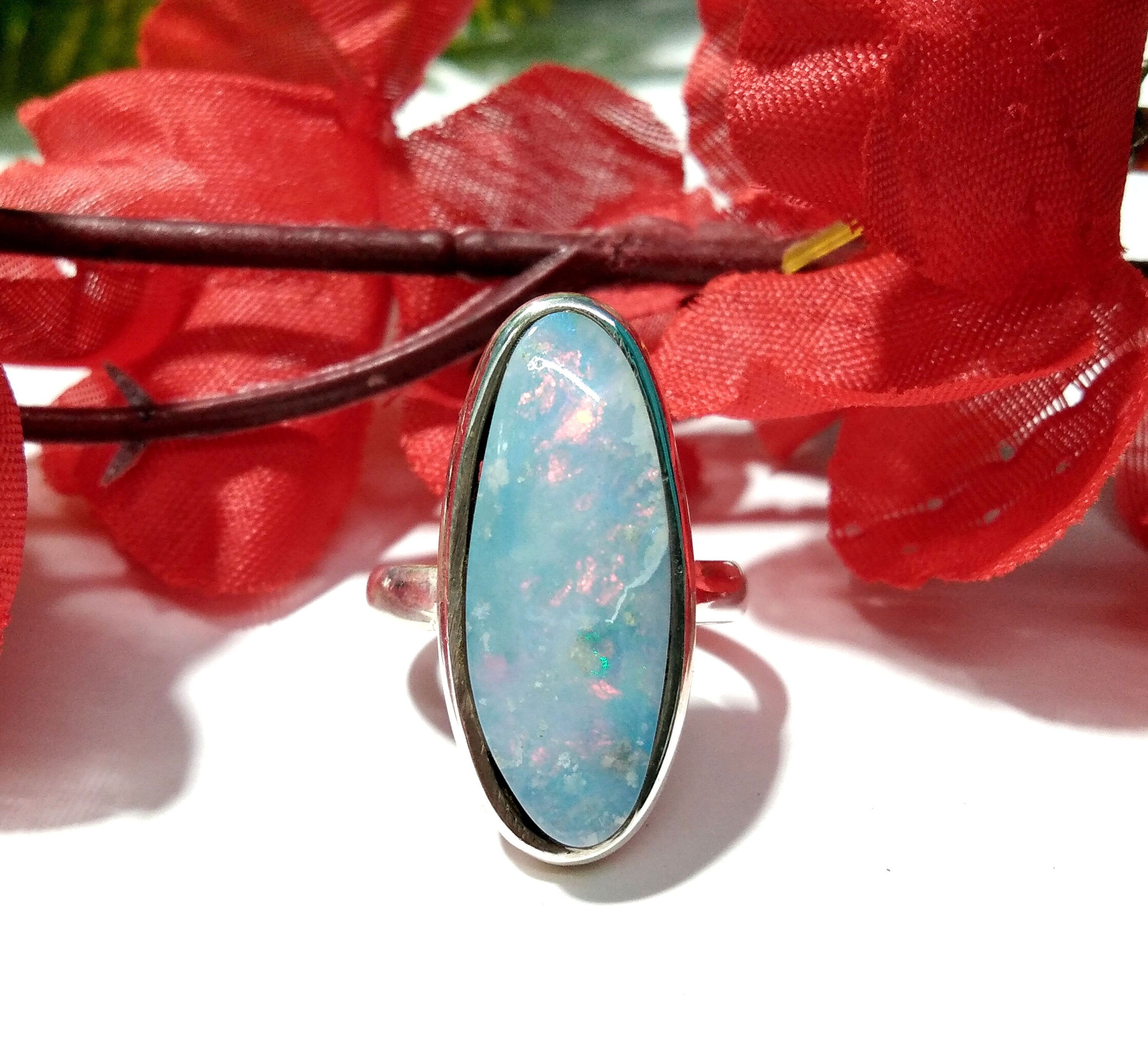 Australian Opal Doublet Multi Fire Ring, Solid 925 Starling Silver Ring, Jewelry Fancy Shape Stone Size 24x9 mm Opal Ring, Cabochon Rings